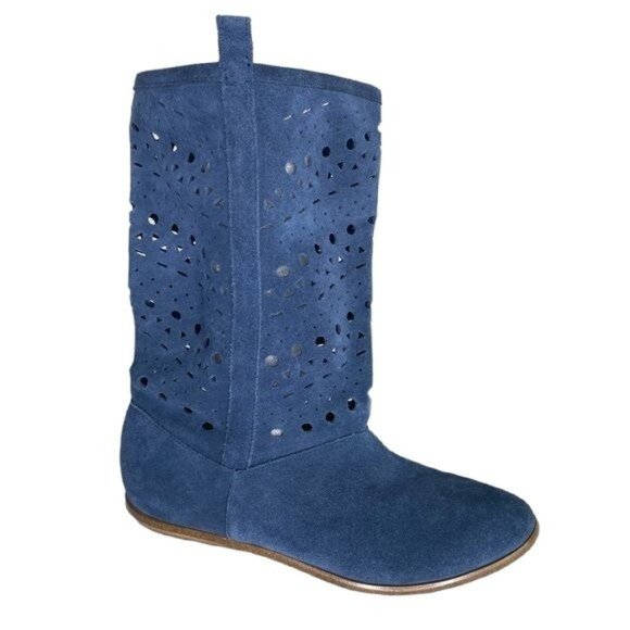 Decree Shoes - Decree Women's 7 Blue Leather Stenciled Low Ankle Pull On Casual Dress Boots